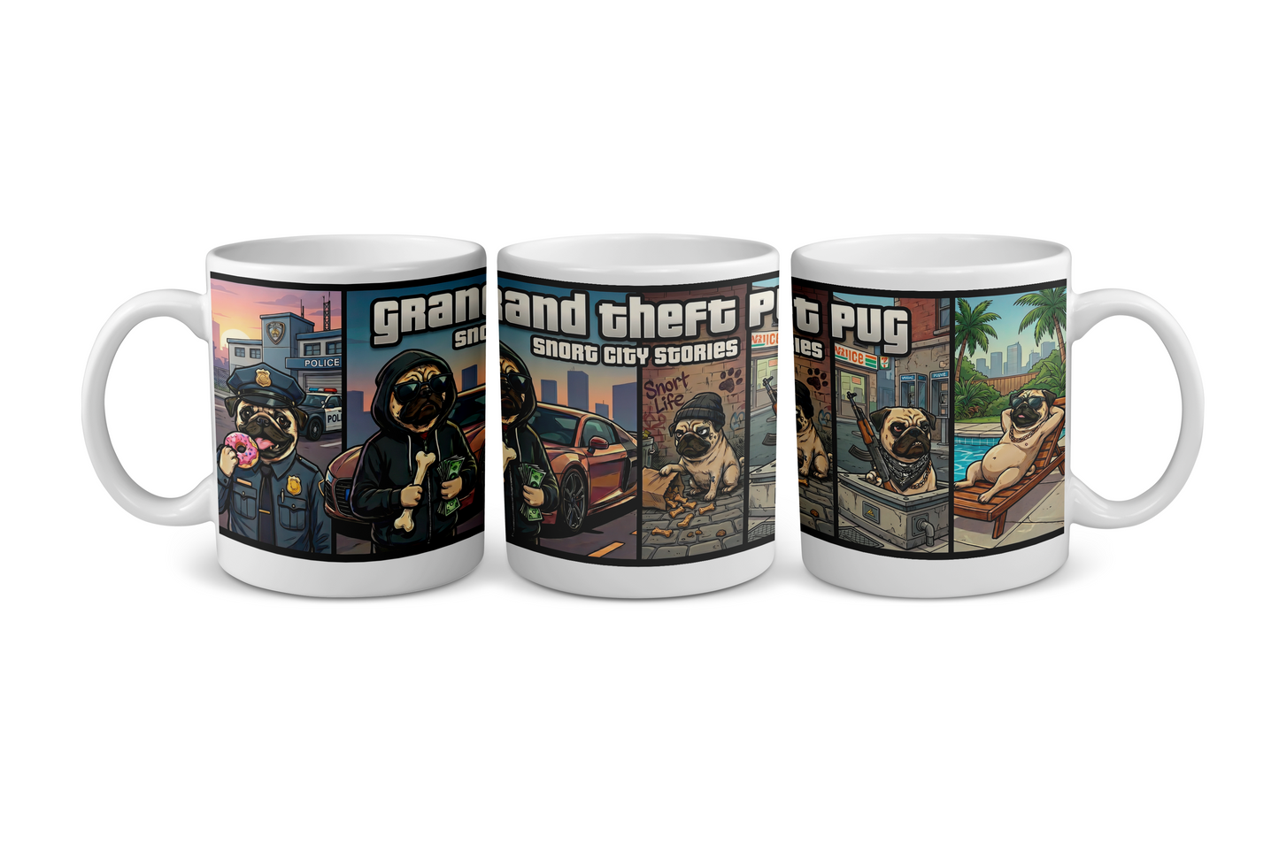 "Grand Theft Pug: Snort City Stories" – Gamer Parody Mug