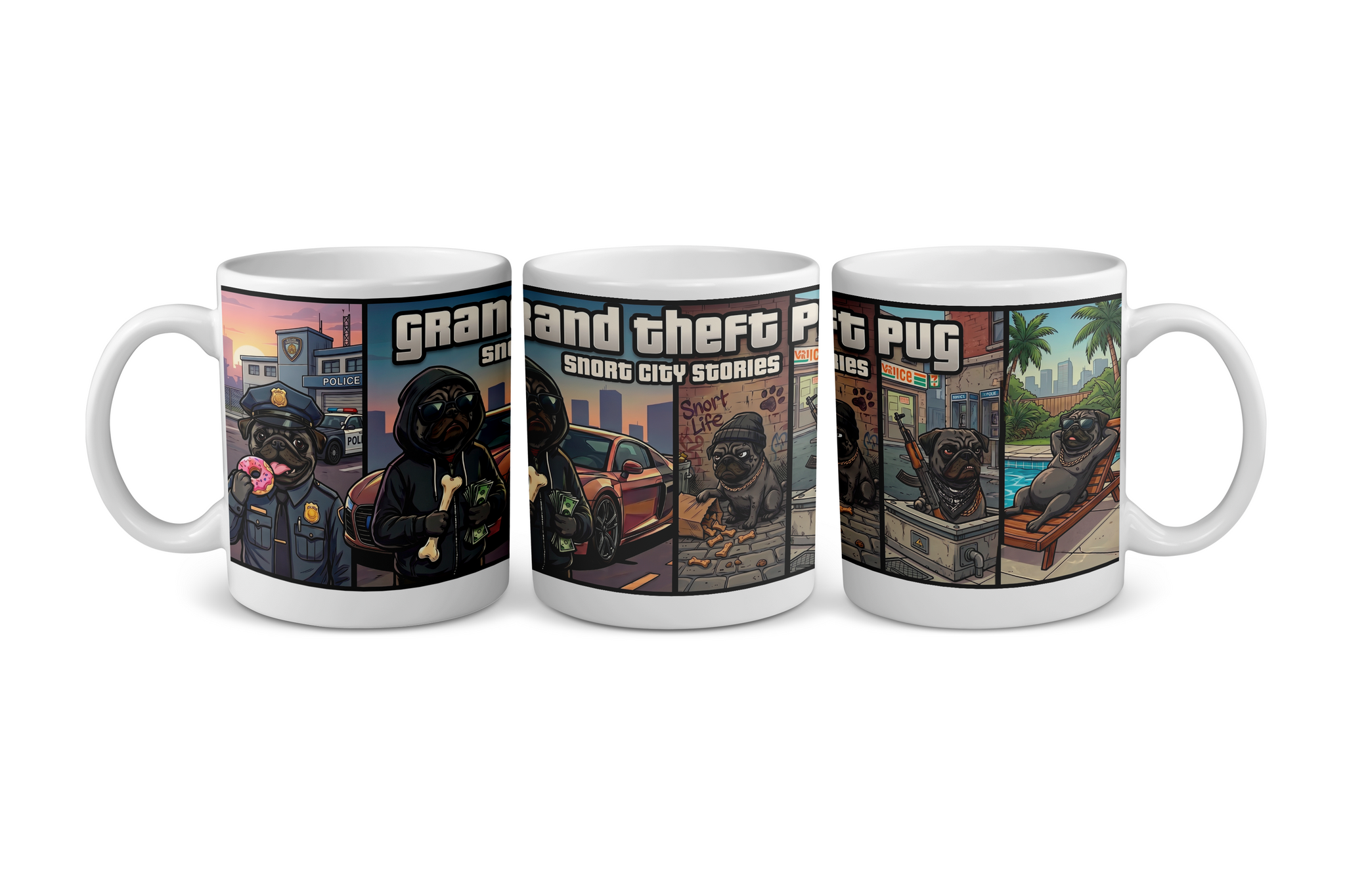 "Grand Theft Pug: Snort City Stories" – Gamer Parody Mug
