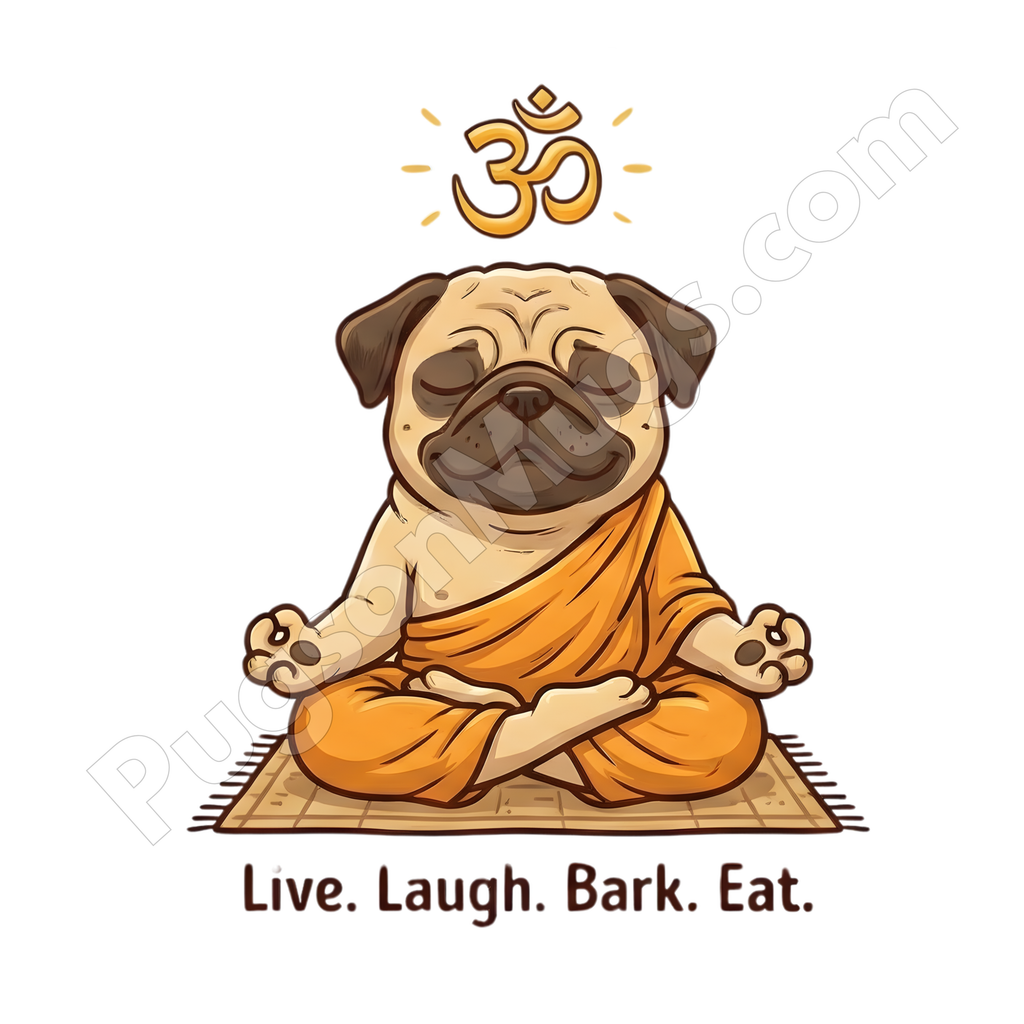 "Live. Laugh. Bark. Eat." – Zen Yoga Pug Mug