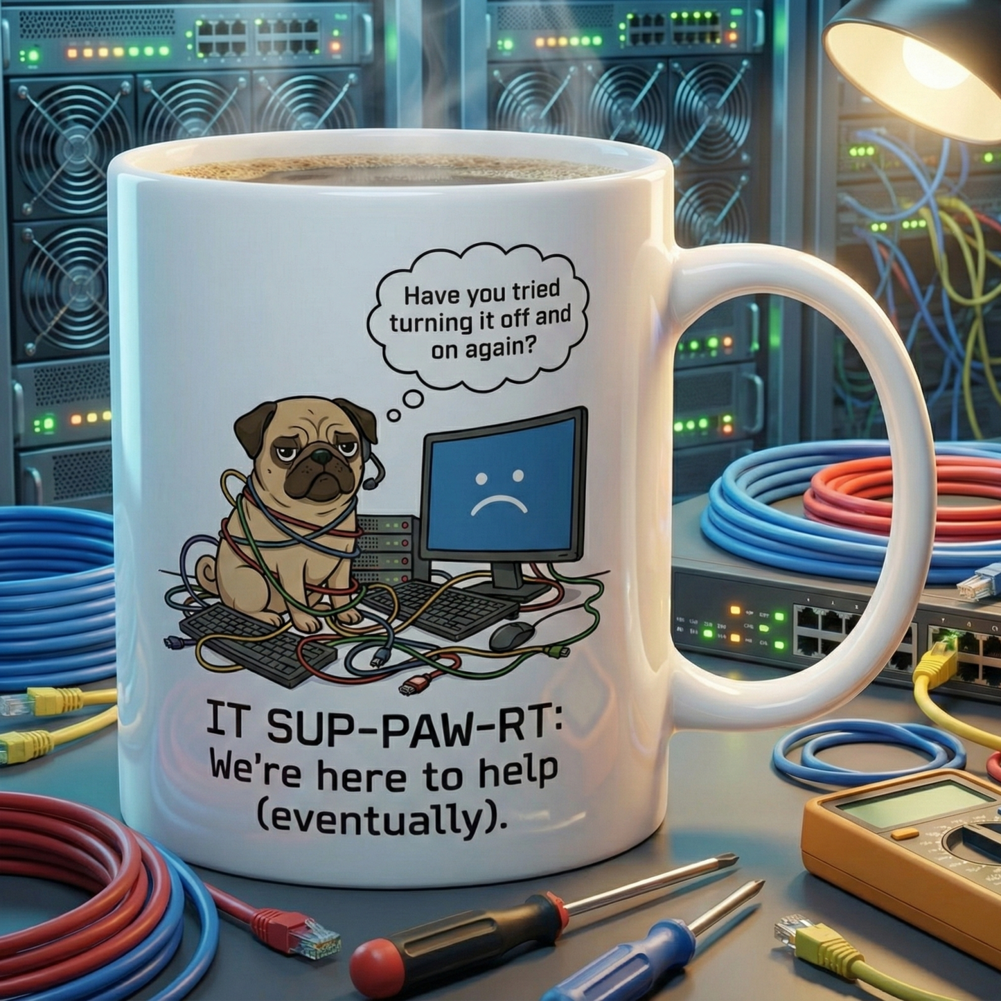"IT Sup-paw-rt" – Funny Tech Support Pug Mug