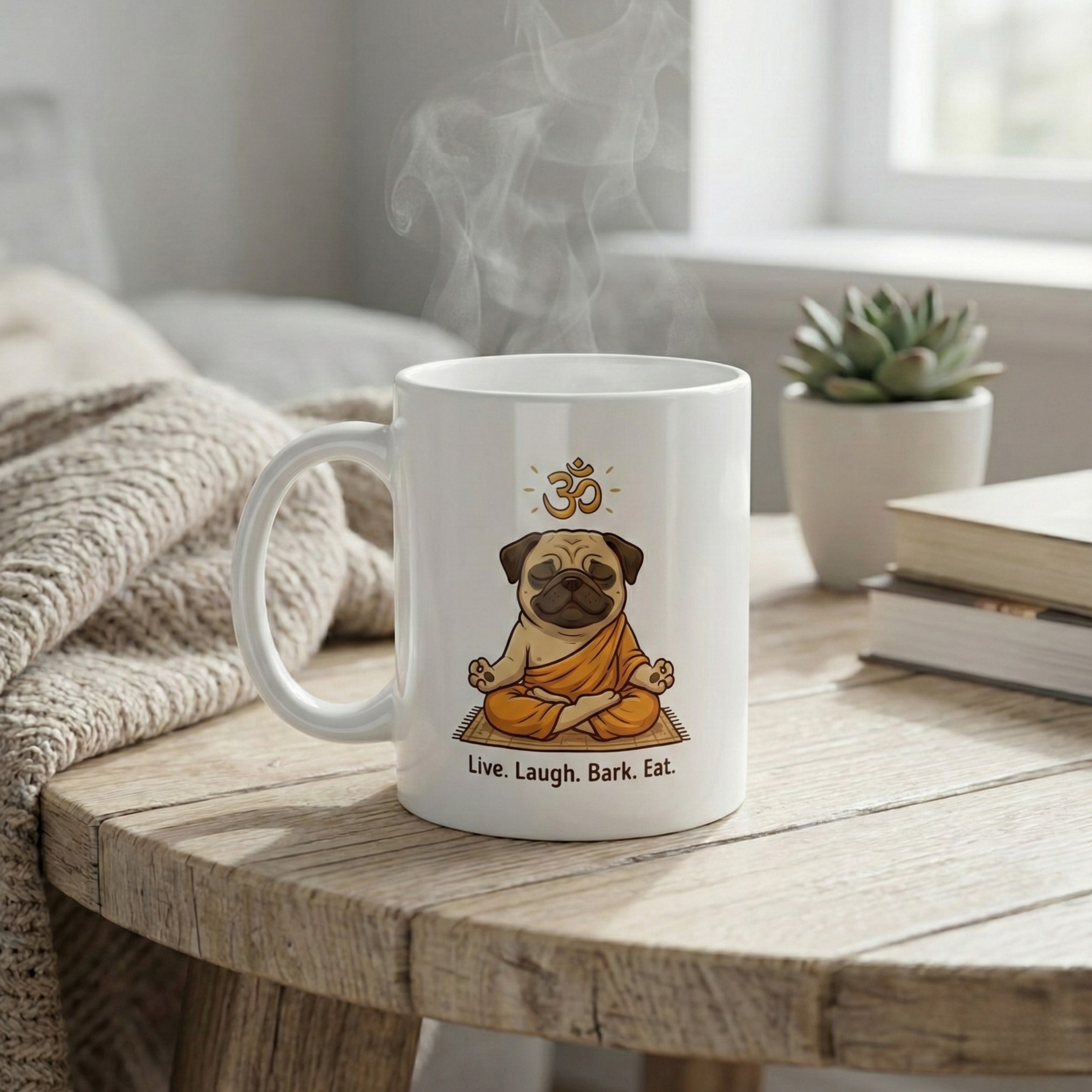 "Live. Laugh. Bark. Eat." – Zen Yoga Pug Mug
