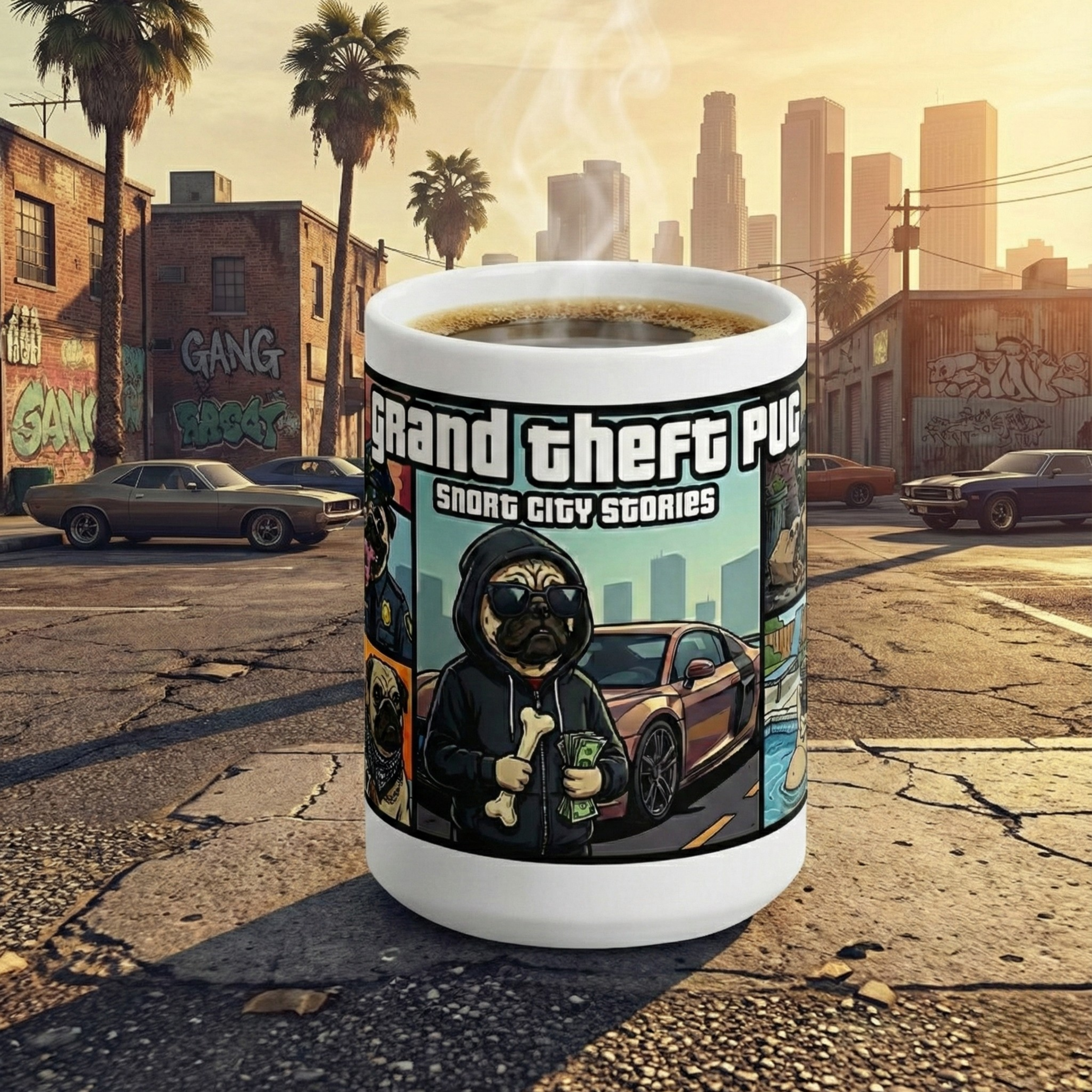 "Grand Theft Pug: Snort City Stories" – Gamer Parody Mug