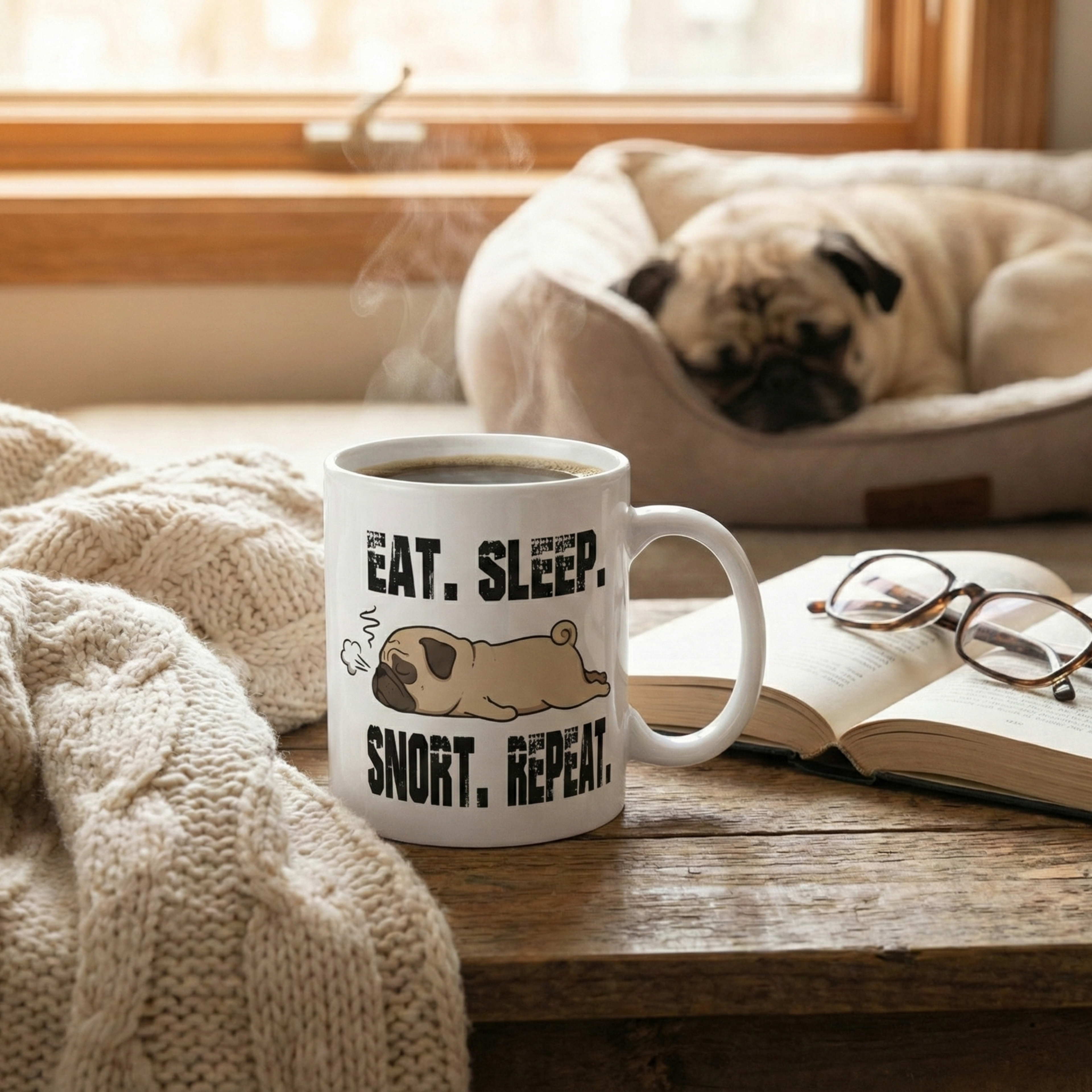 "Eat. Sleep. Snort. Repeat." – The Lazy Pug Routine Mug