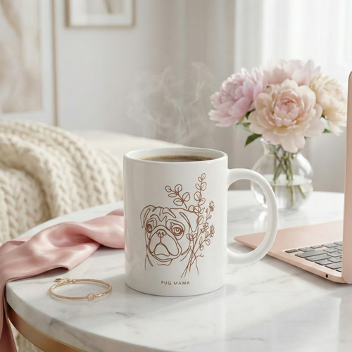 "Boho Pug Mama" – Minimalist Line Art Mug