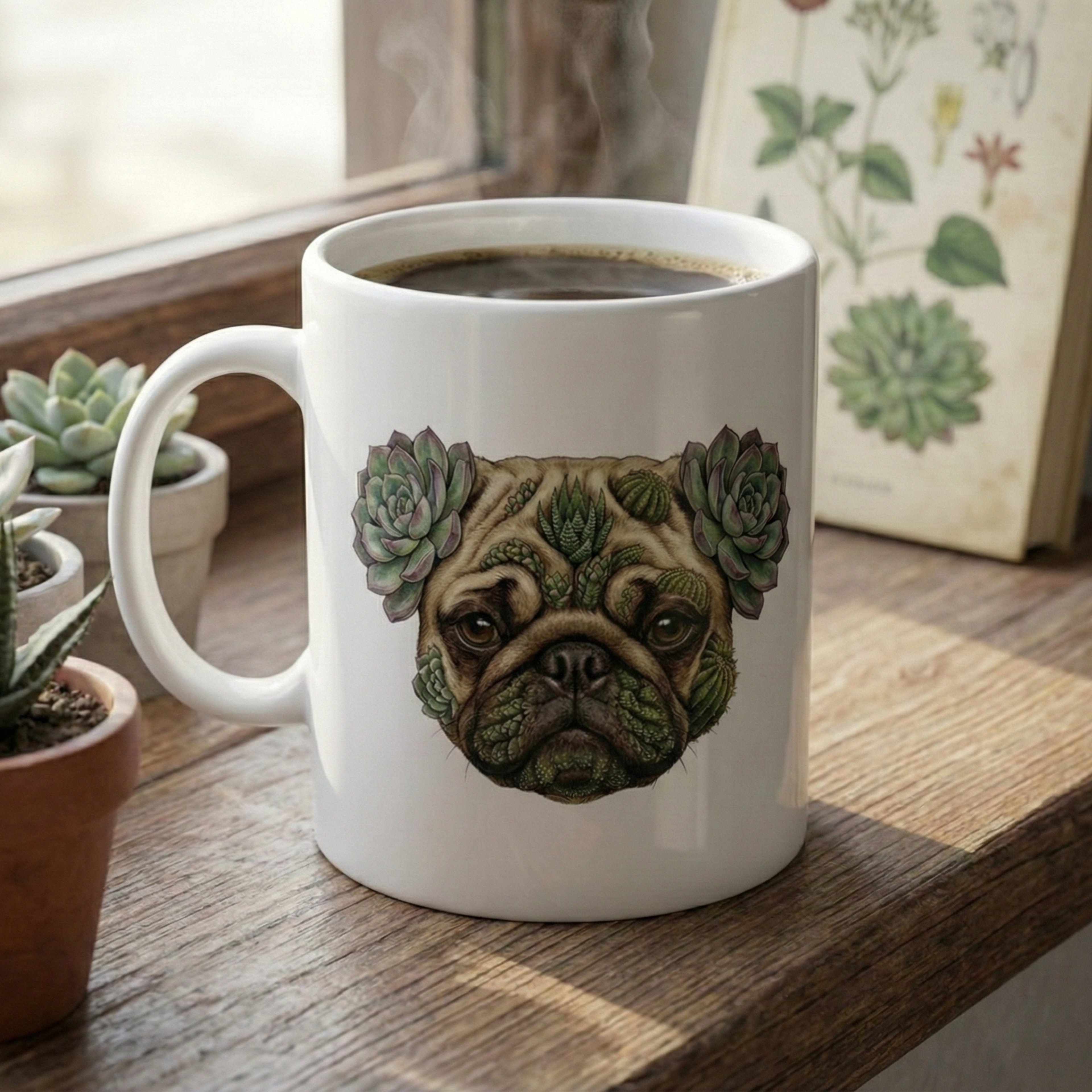 "The Succulent Pug" – Botanical & Gardening Art Mug