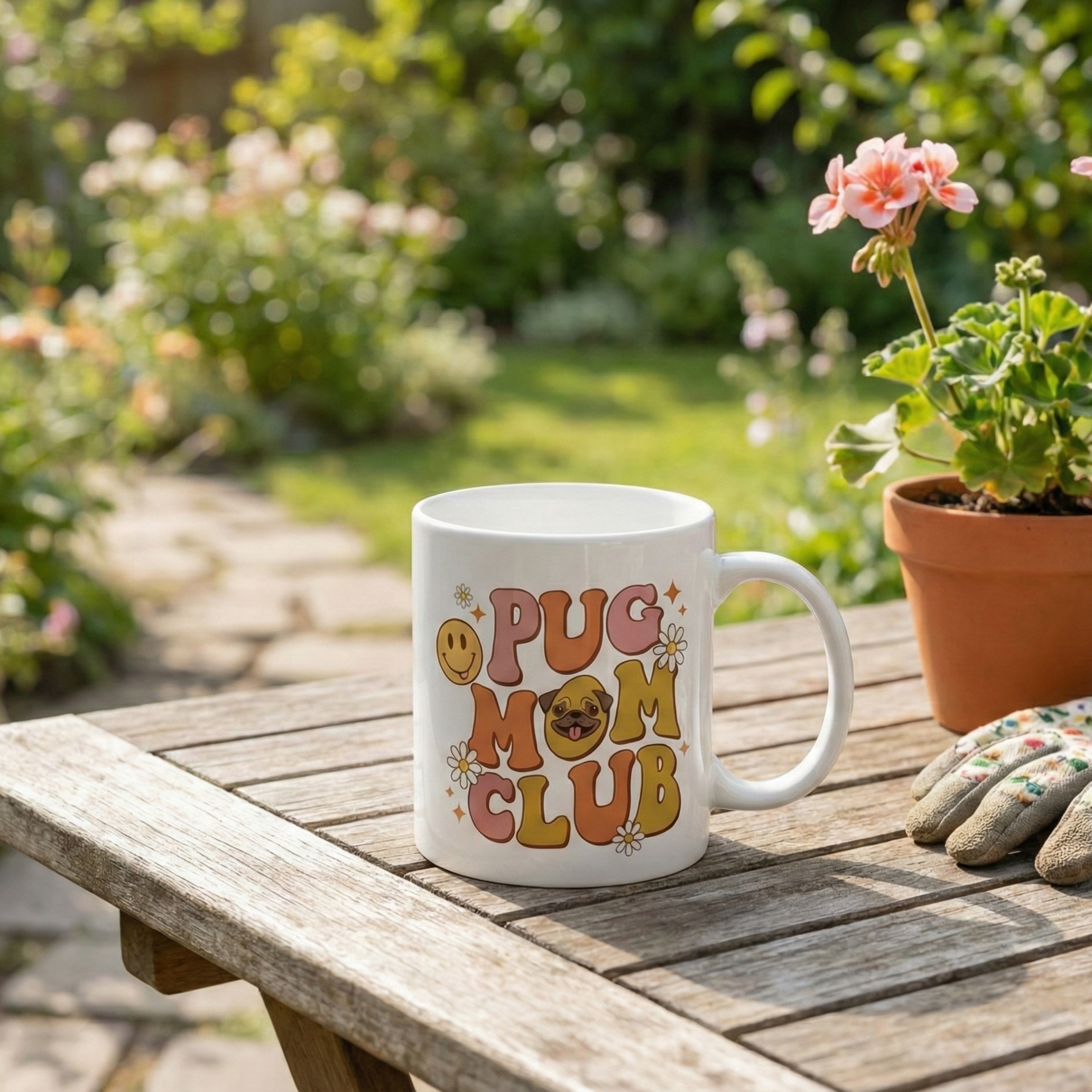 "Pug Mom Club" – Retro 70s Aesthetic Mug
