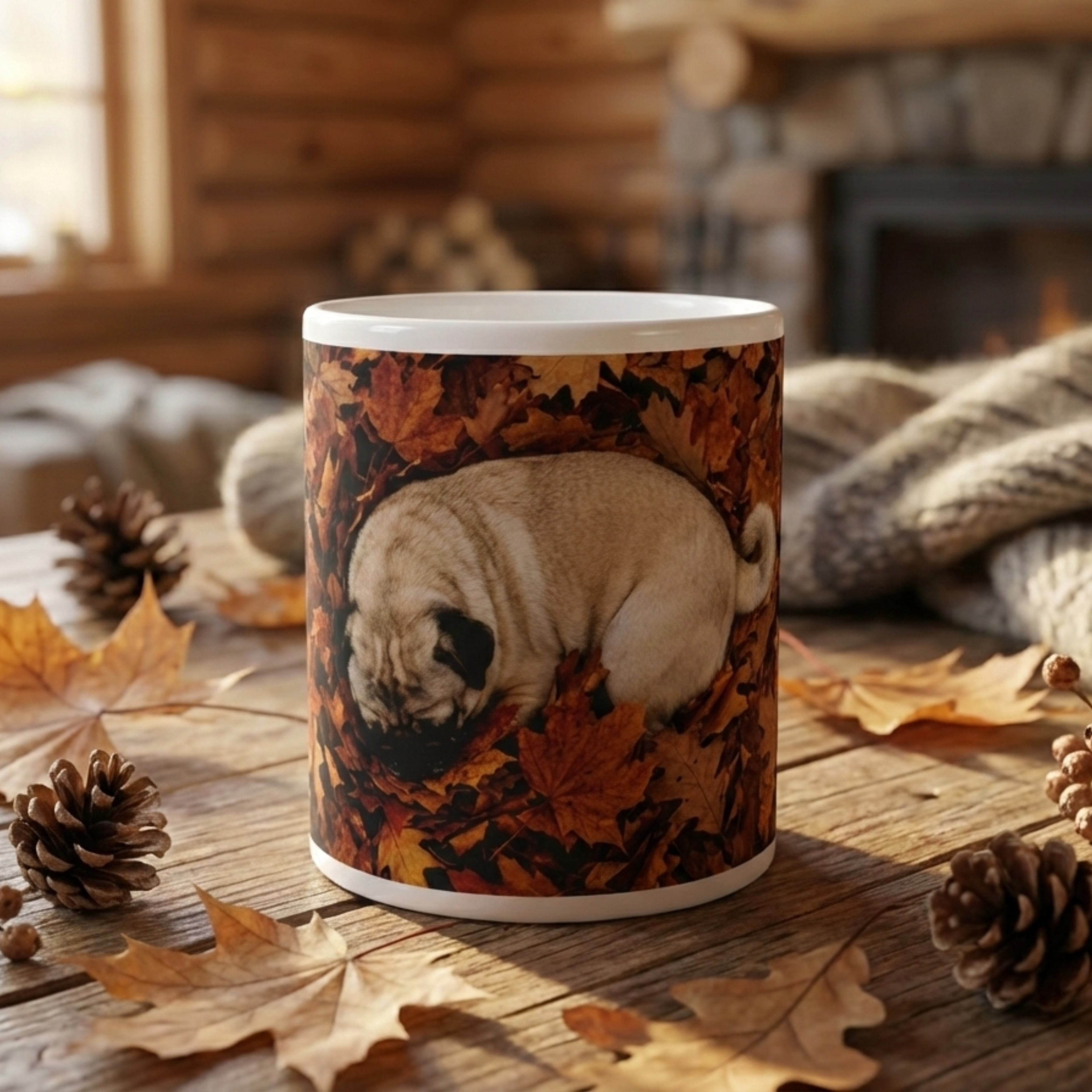 "Autumn Camouflage" – Cozy Fall Leaf Pug Mug