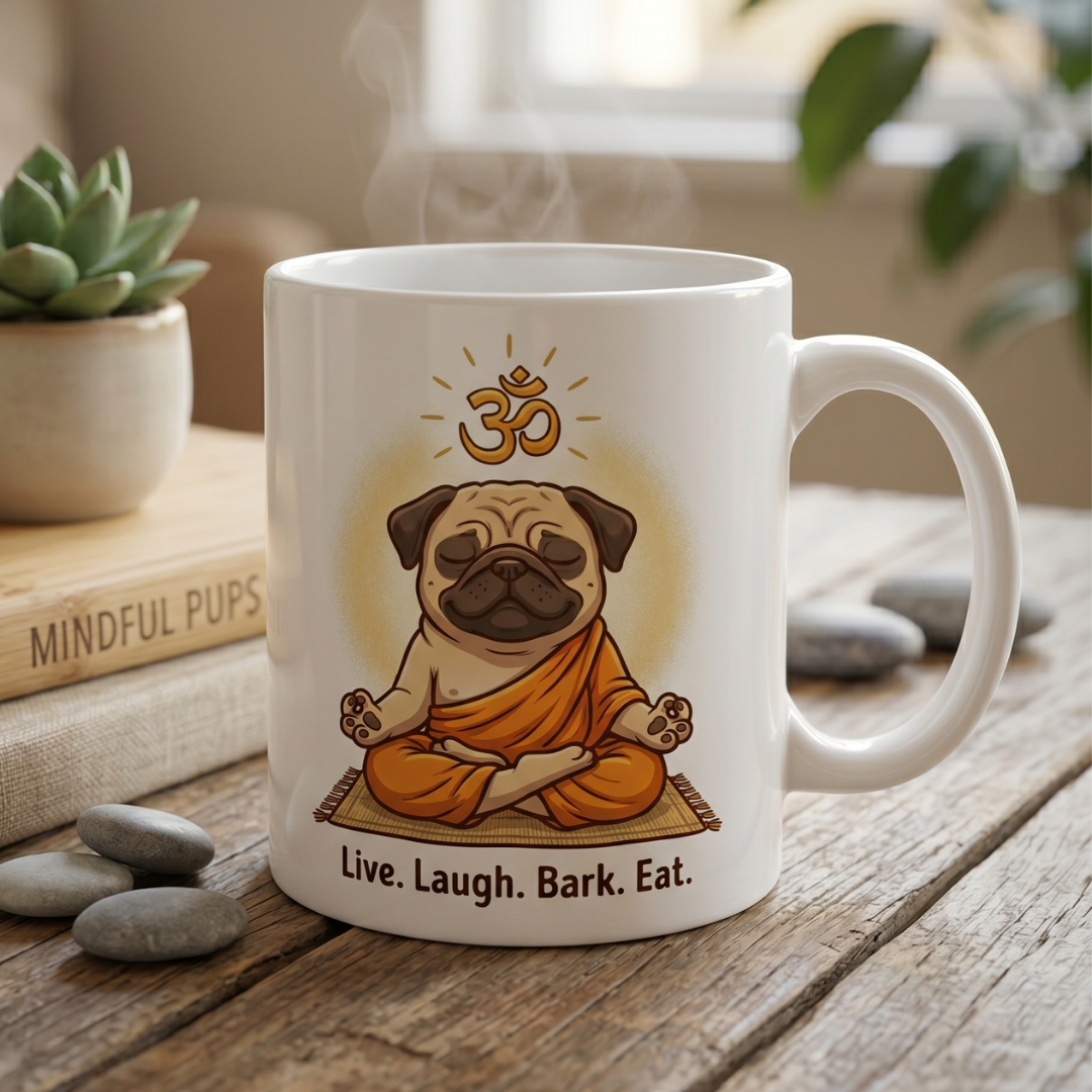 "Live. Laugh. Bark. Eat." – Zen Yoga Pug Mug