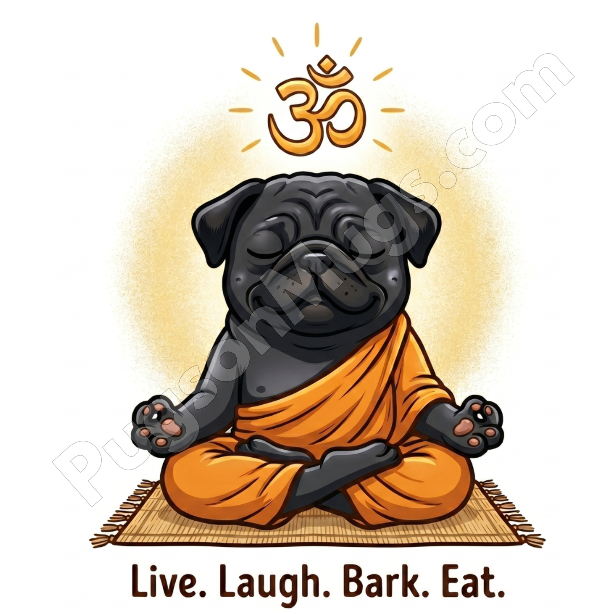 "Live. Laugh. Bark. Eat." – Zen Yoga Pug Mug
