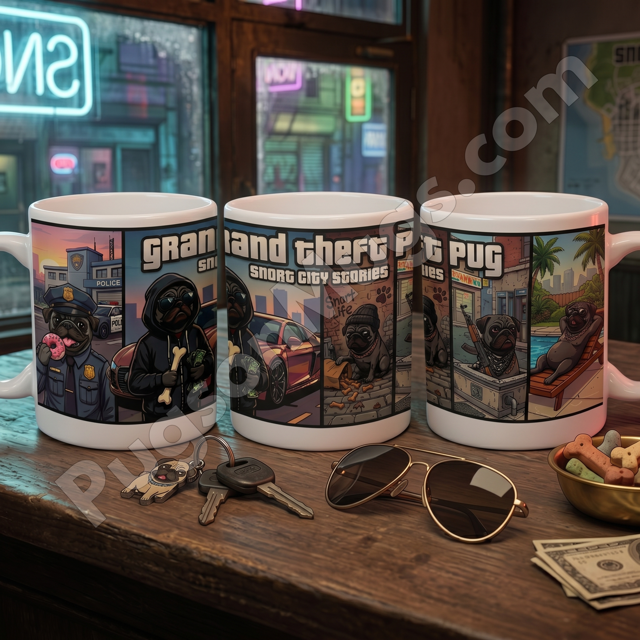"Grand Theft Pug: Snort City Stories" – Gamer Parody Mug
