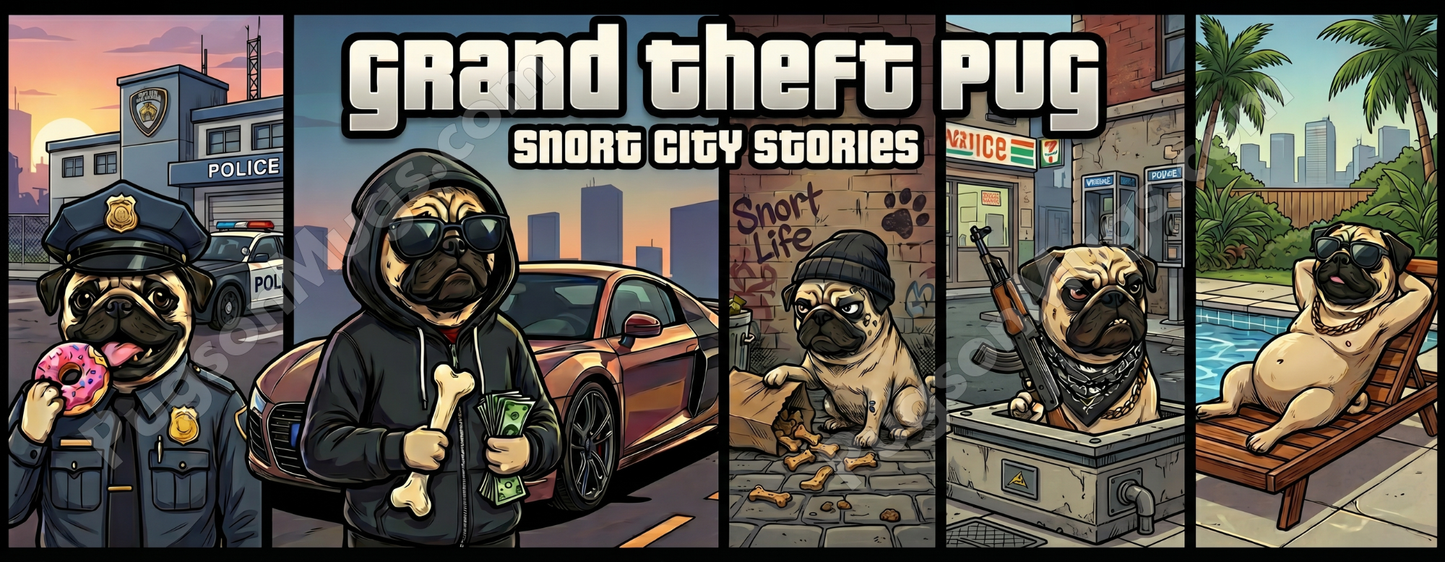 "Grand Theft Pug: Snort City Stories" – Gamer Parody Mug
