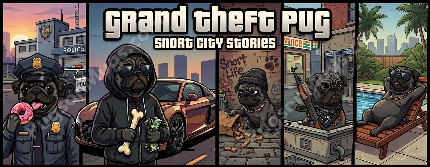 "Grand Theft Pug: Snort City Stories" – Gamer Parody Mug